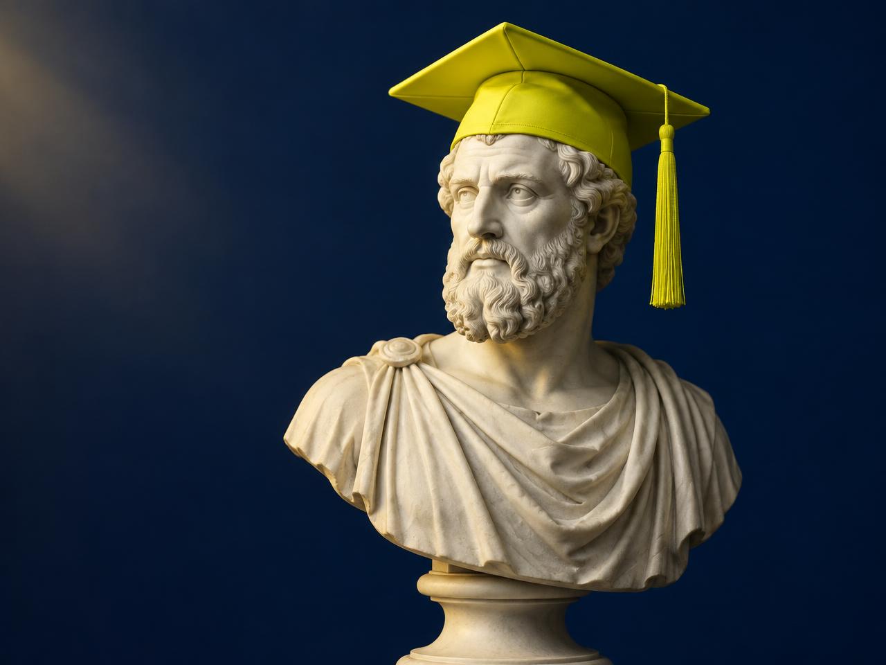 Busto classico di un filosofo romano con un berretto accademico giallo: la leadership della sostenibilità incontra il mentorship
