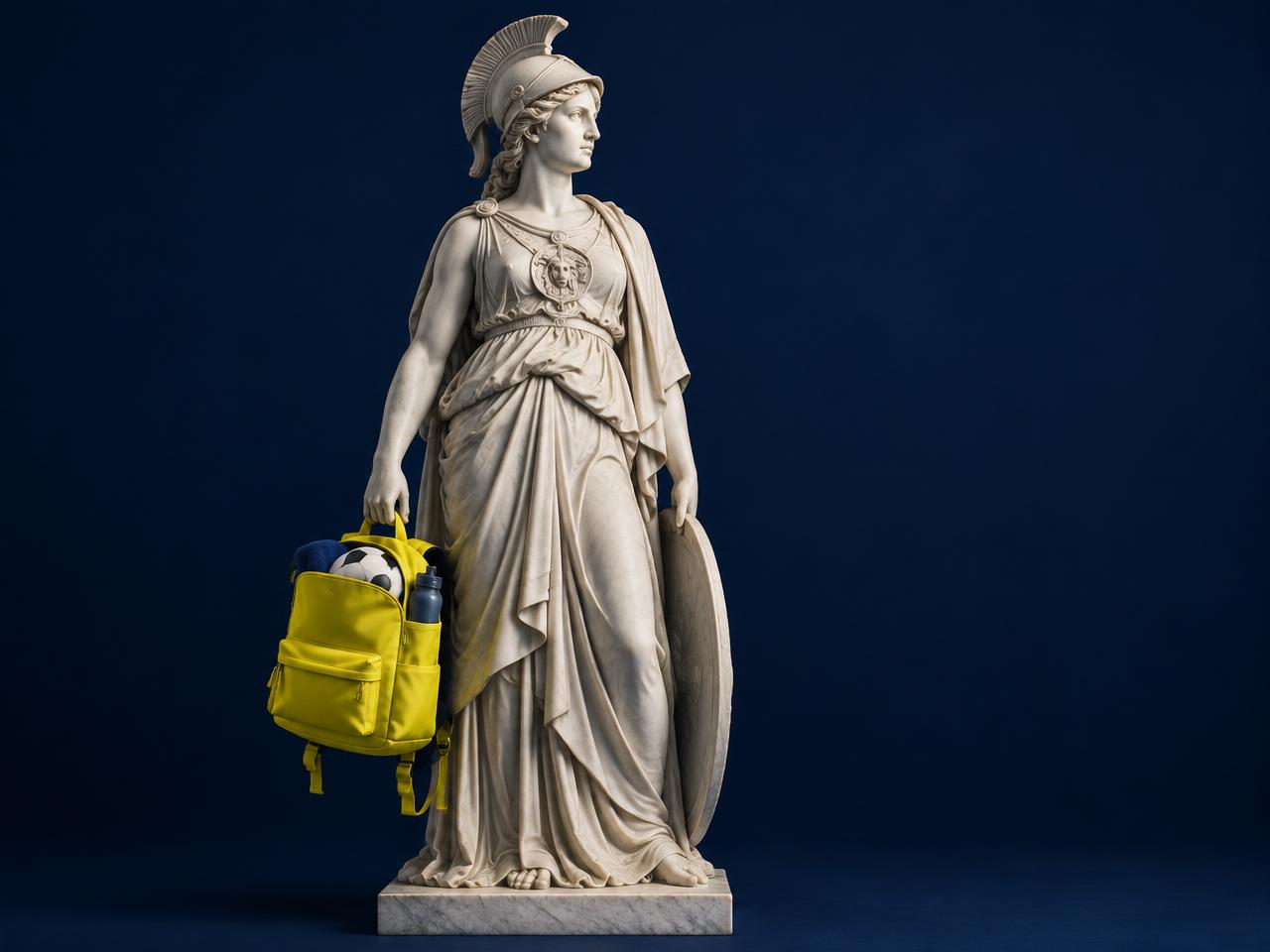 Statua classica di Minerva con uno zaino sportivo giallo: la sicurezza nazionale raccontata alle nuove generazioni attraverso lo sport