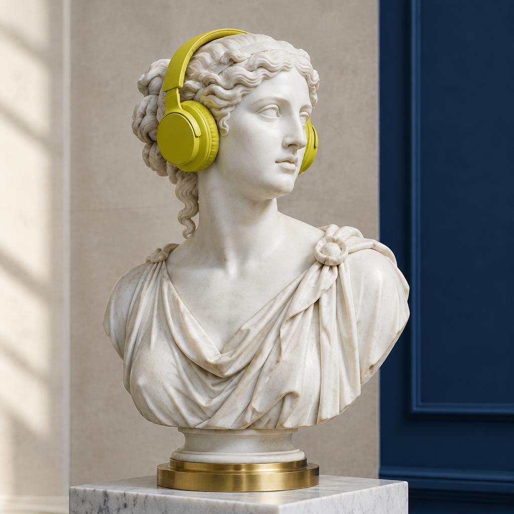 Busto classico con cornetta telefonica gialla e tracce dorate