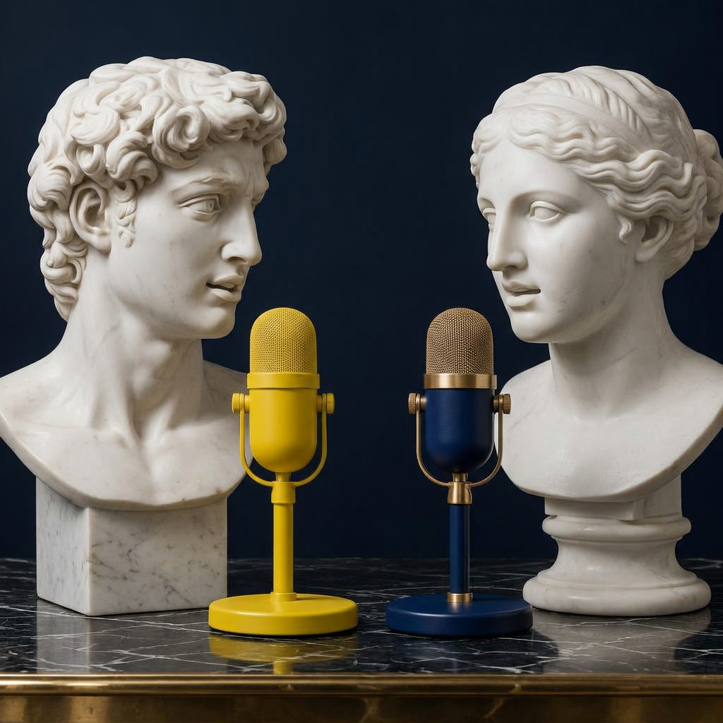 Due statue di marmo dialogano davanti a due microfoni, uno giallo e uno blu Aurelian