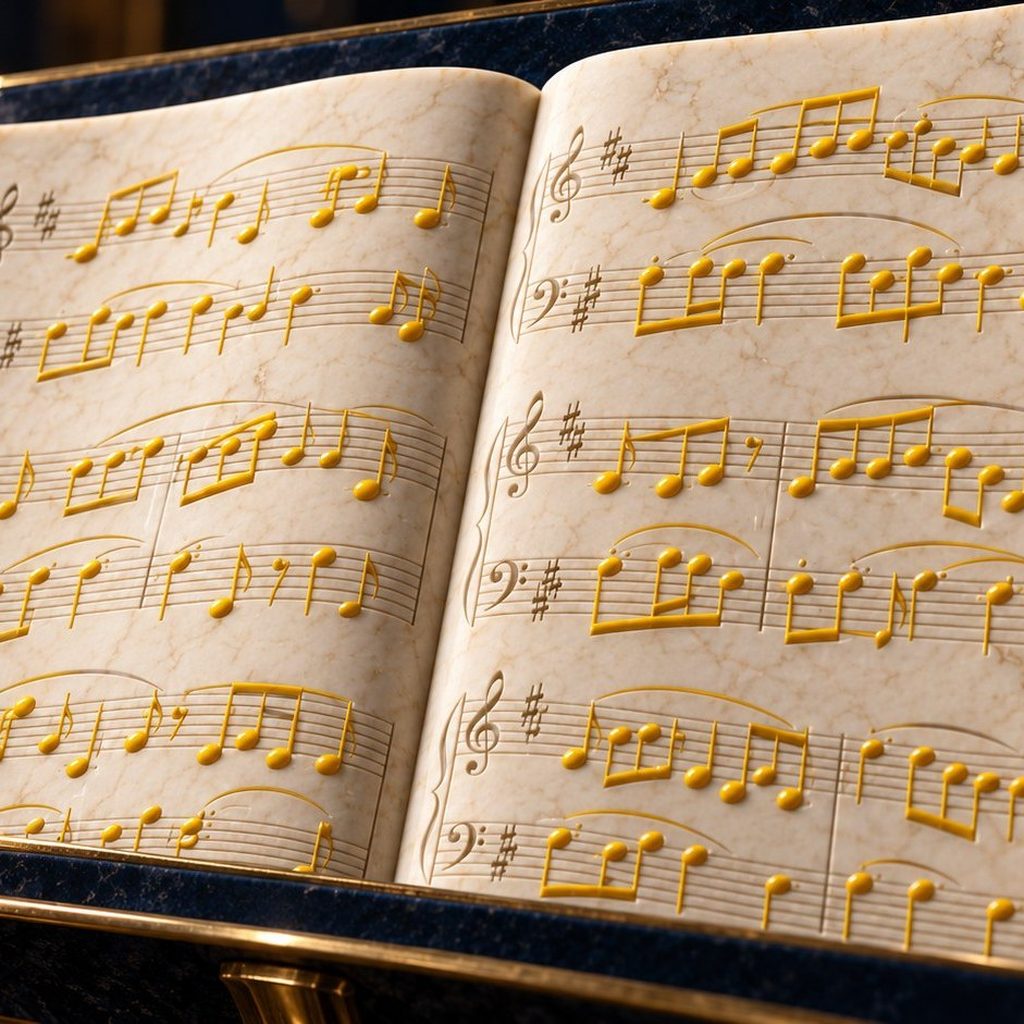 Spartito di marmo aperto con note dorate in rilievo