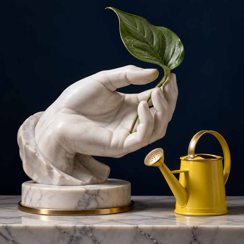 Mano di marmo con una foglia e un annaffiatoio giallo